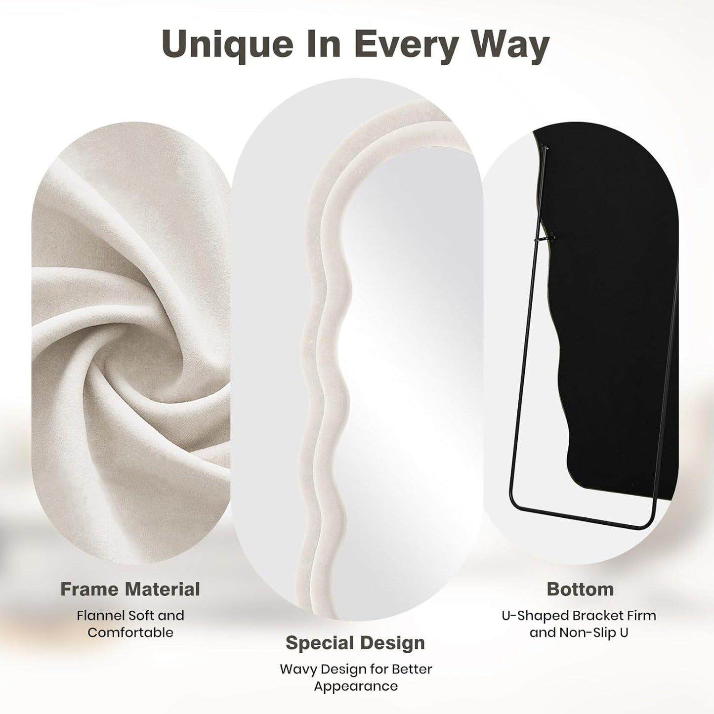 Full Length Mirror 63"x24" Arched Wavy Full Body Wall Mounted Floor Mirror with Stand Ivory Flannel Frame Leaning Hanging Wall Mirror for Bedroom Entrance