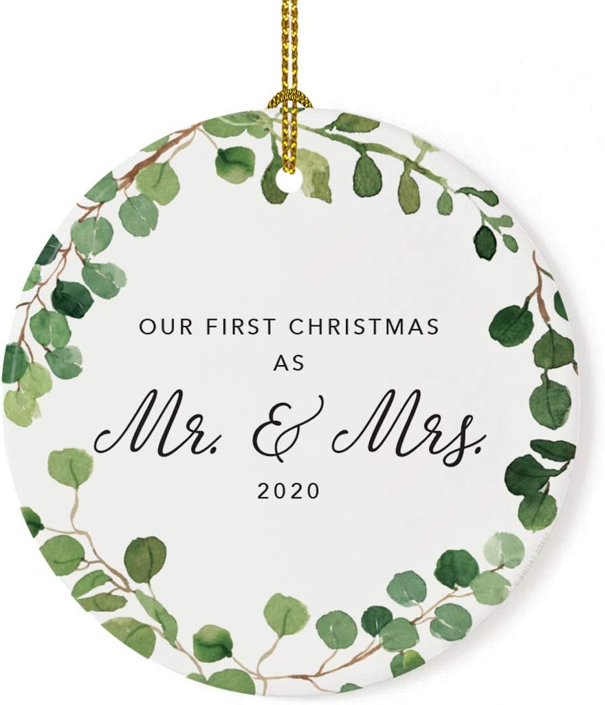 Andaz Press Custom Year Round Ceramic Porcelain Christmas Tree Ornament Keepsake Collectible Gift, Our First Christmas as Mr. & Mrs. 2025, Farmhouse Eucalyptus Wreath, 1-PackCouple
