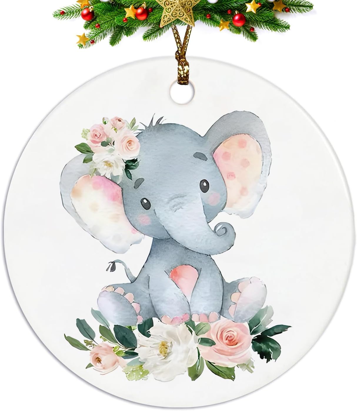 Elephant Ornament, Elephant Ornaments for Christmas Tree, Elephant Gifts for Women, Elephant Floral Ceramic Christmas Ornaments, Elephant Decorative Hanging Ornament
