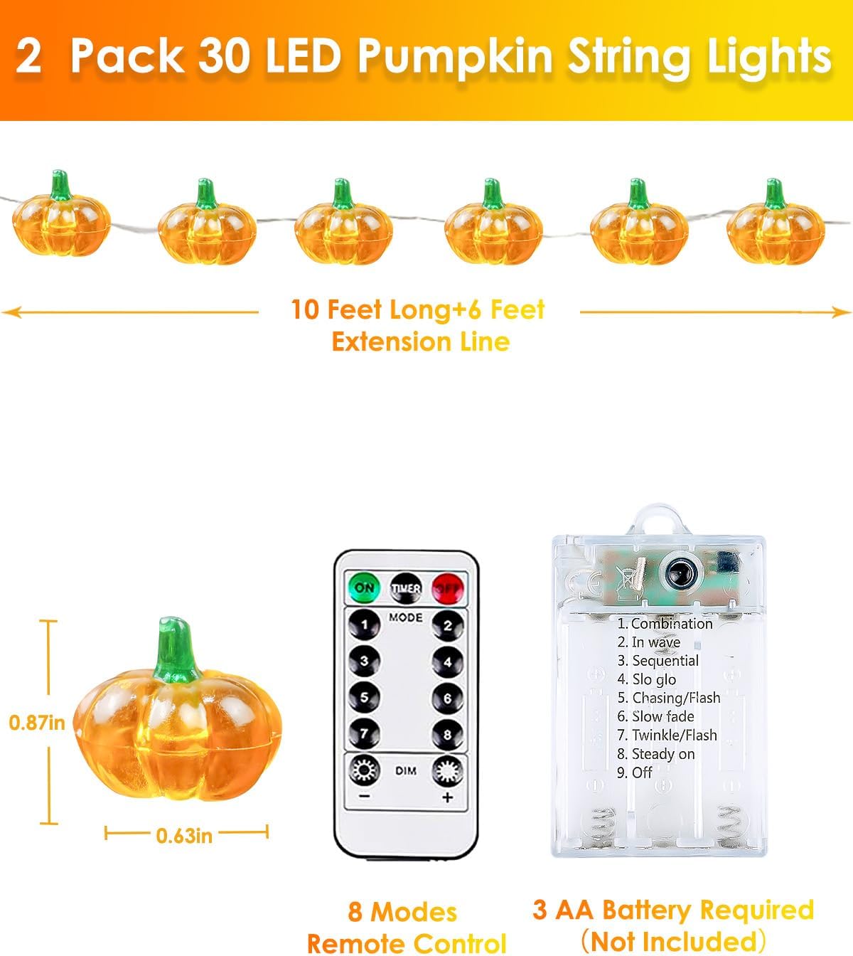 2 Pack 60LED Fall Decoration 3D Pumpkin String Lights Battery Operated, 20FT Fall Lights with Remote, Waterproof 8 Modes Fairy Lights for Autumn Harvest Thanksgiving Halloween Decor