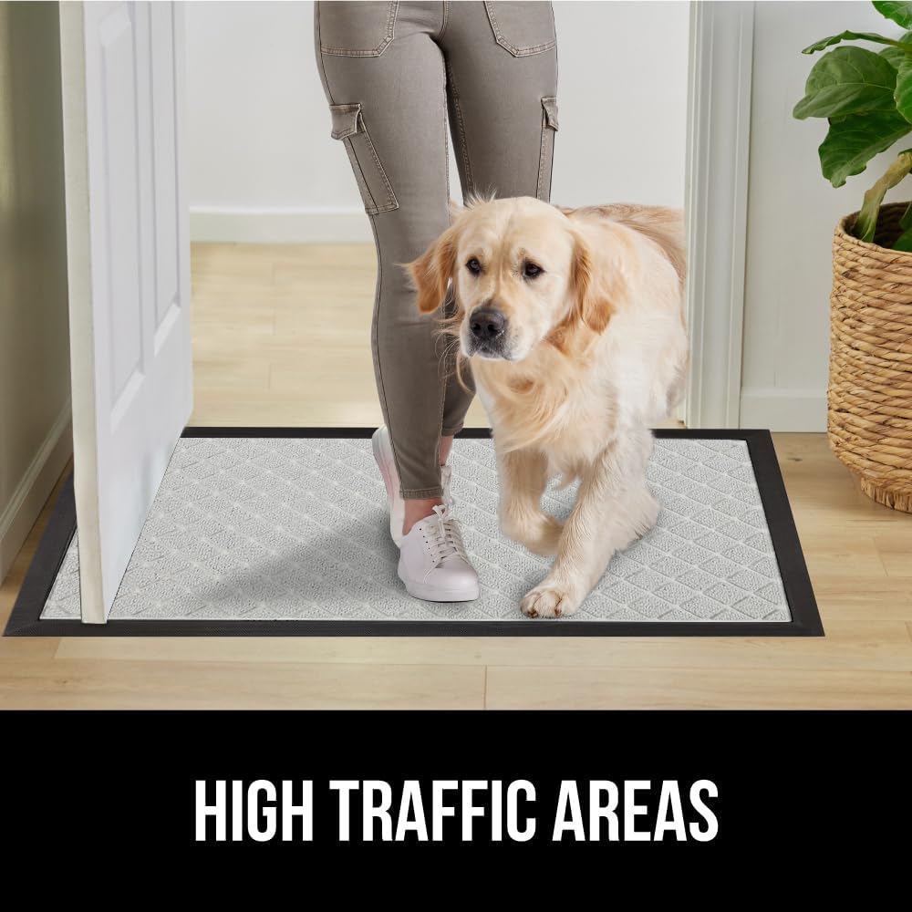 GORILLA GRIP 100% Waterproof All-Season WeatherMax Doormat US Designed Natural Rubber, Stain and Fade Resistant, Low Profile Indoor Outdoor Door Mats, Easy Clean Patio Mat, 23x35, Light Gray