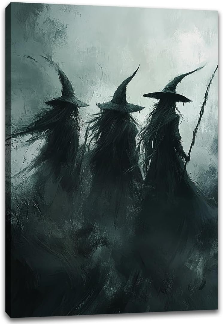 Gothic Witchs Horror Halloween Wall Art,Three Witches in Moody Forest Painting Wall Decor,Autumn Spooky Witches Forest Canvas Printing For Gallery Living Room Bedroom,8"x12" Framed