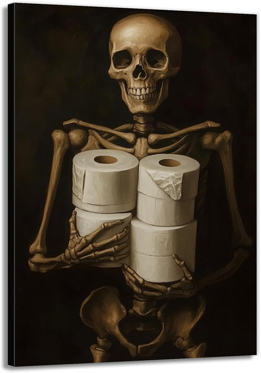 Gothic Skull Wall Art Funny Skeleton with Toilet Paper Canvas Print Vintage Skull Painting Framed Artwork for Living Room Home Halloween Wall Decor(Artwork-8,20"x30")