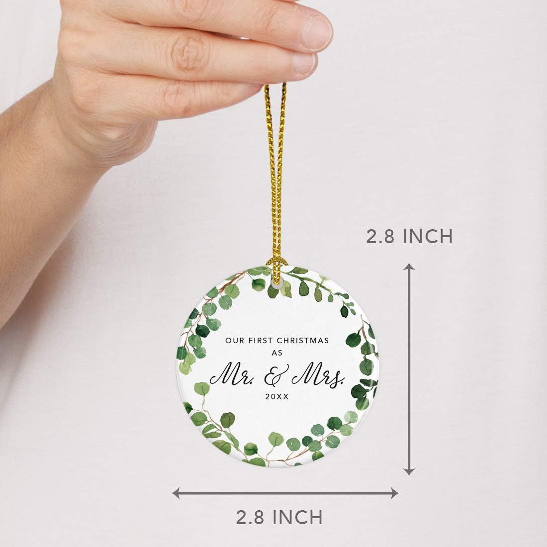 Andaz Press Custom Year Round Ceramic Porcelain Christmas Tree Ornament Keepsake Collectible Gift, Our First Christmas as Mr. & Mrs. 2025, Farmhouse Eucalyptus Wreath, 1-PackCouple