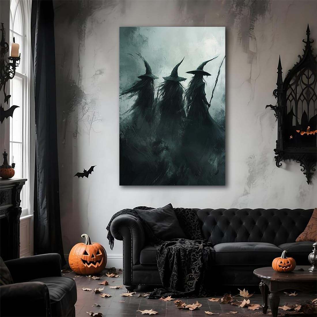 Gothic Witchs Horror Halloween Wall Art,Three Witches in Moody Forest Painting Wall Decor,Autumn Spooky Witches Forest Canvas Printing For Gallery Living Room Bedroom,24"x36" Unframed
