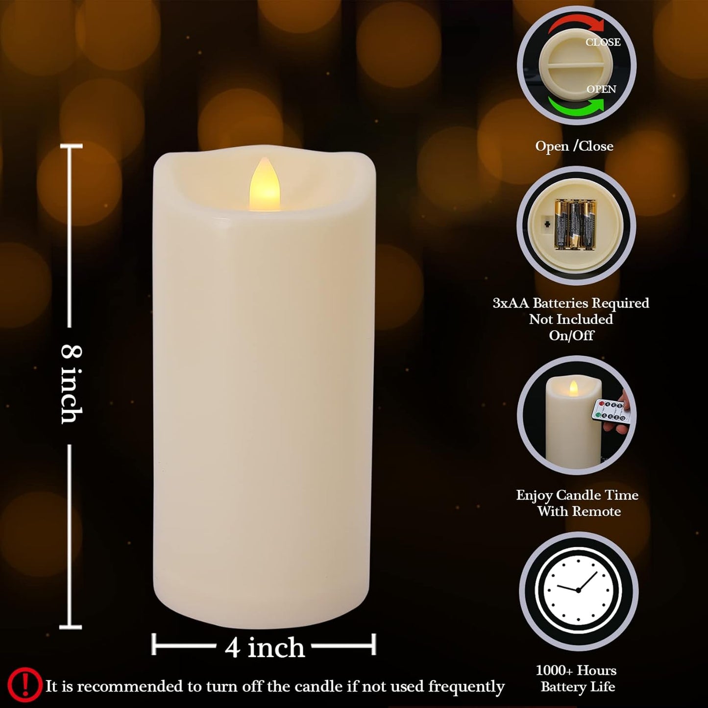 8" x 4" Outdoor Waterproof Flameless Candles with Remote and Timers, Large Pillar Battery Operated Flickering LED Candles for Lanterns, 1000 Hours, Ivory Plastic, Single