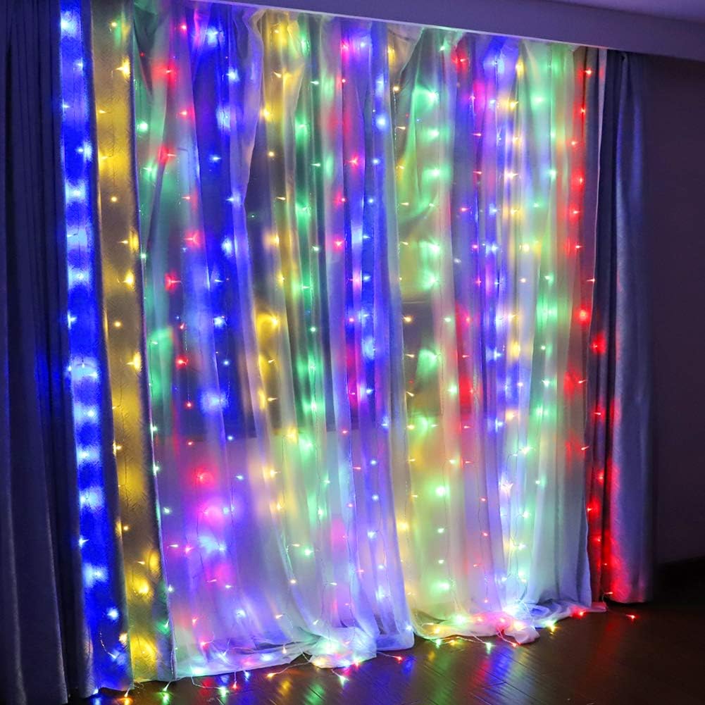 Fairy Curtain Lights,304 LED 9.8ftX9.8ft 30V 8Modes safety Window Lights with Memory for Home Wedding Christmas Party Family Patio Lawn Garden Bedroom Outdoor Indoor Wall Decorations(Multi ColoR)