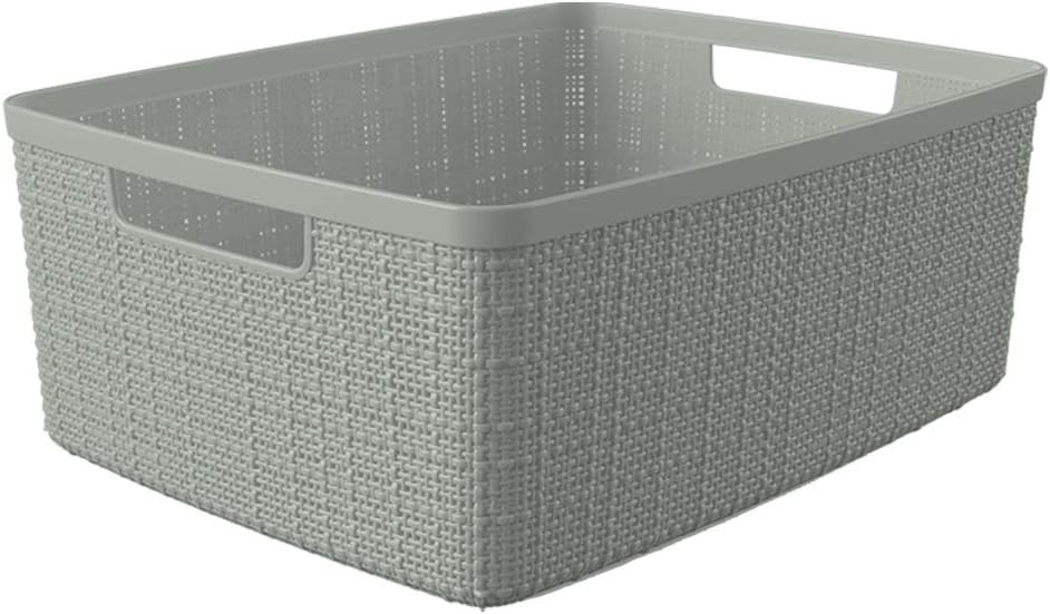 Curver Jute Decorative Plastic Organization and Storage Basket Perfect Bins for Home Office, Closet Shelves, Kitchen Pantry and All Bedroom Essentials, (Set of 6), Grey, Medium
