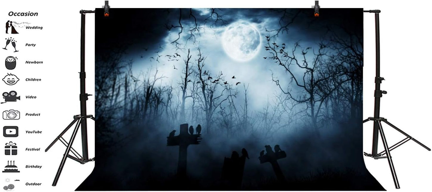 AOFOTO 7x5ft Moon Night Halloween Cemetery Photography Backdrop Flying Bats Birds Stand on Gravestone Cross Graveyard in Dark Forest Photo Background Cloth Vinyl Wallpaper Photo Studio Props