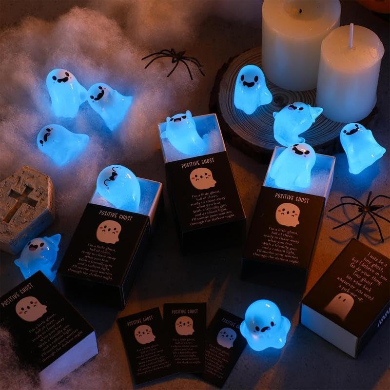 32 Sets Halloween Mini Ghost Figures with Box, Glow in The Dark Mini Resin Ghosts, Luminous Ghost Miniature Resin Figurines for Halloween Party Favors (1PCS D)