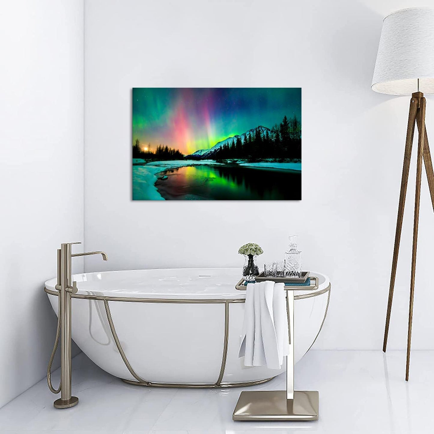 Aurora Borealis Canvas Wall Art Northern Lights Canvas Print Painting for Living Room Snowy-Mountains-Landscape Poster Picture Wooden Framed Prints Ready to Hang(16.00"x24.00")