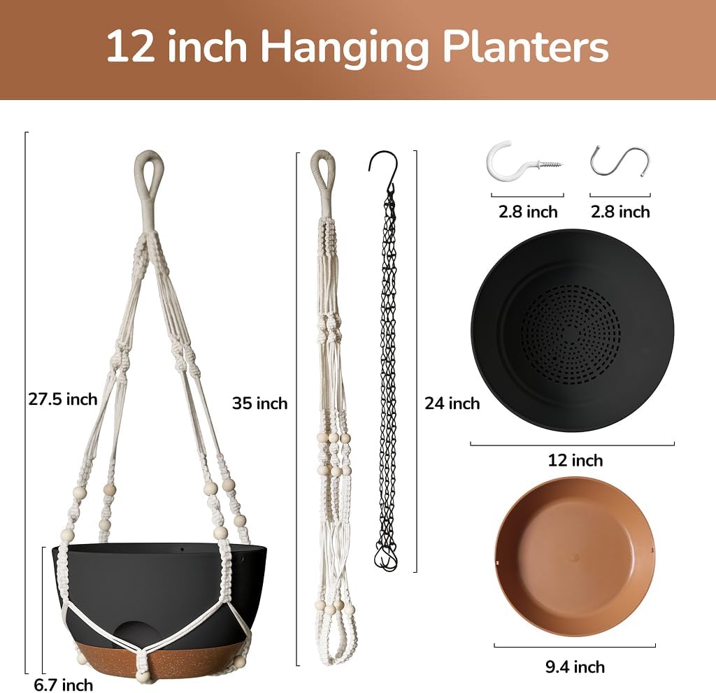 12 Inch Hanging Baskets for Plants Outdoor, Hanging Planters for Indoor Outdoor Plants, Hanging Planter with Self Watering, Hanging Flower Pots (Black Planter with Macrame + Iron Hangers)