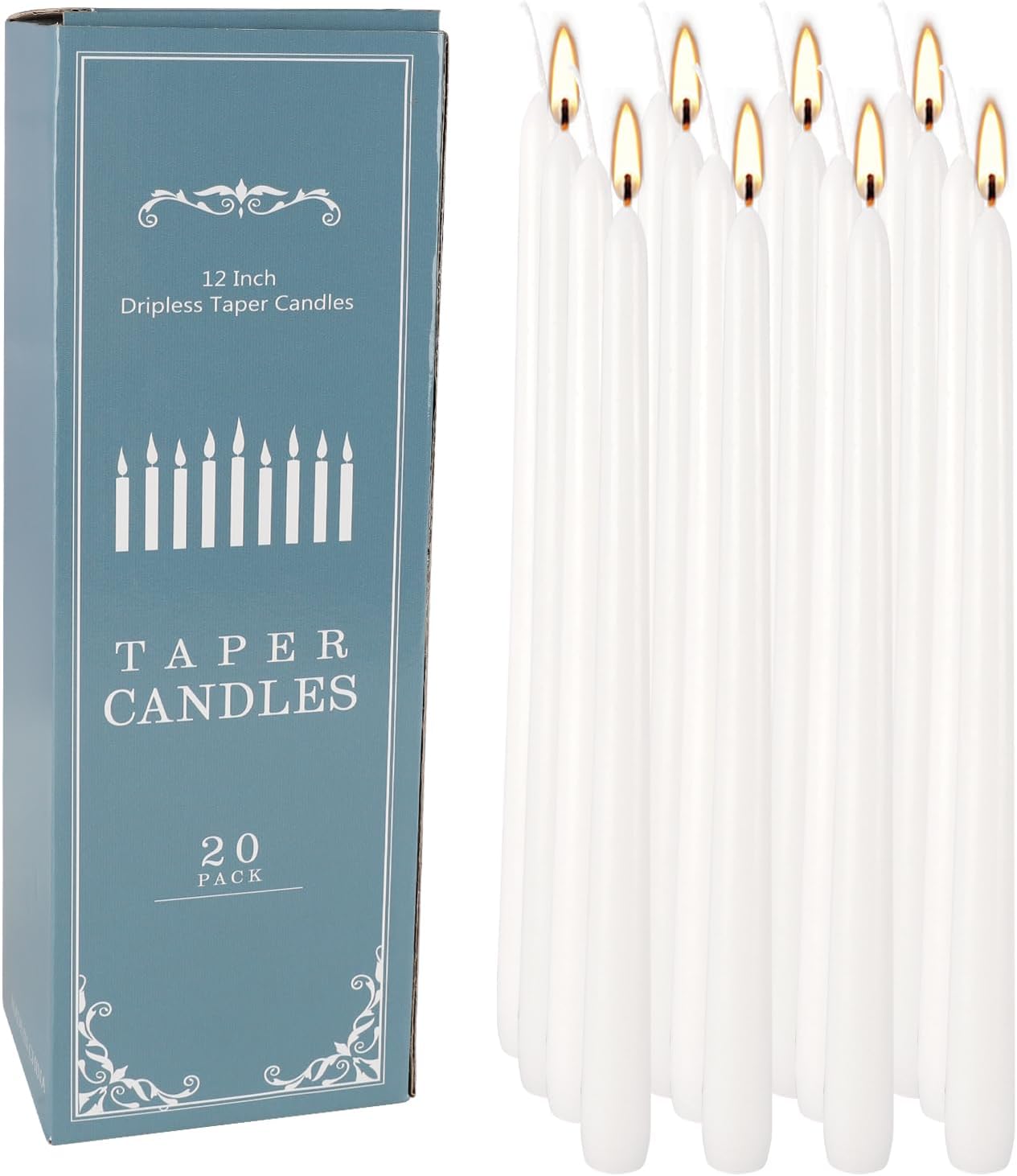 20 Pack White Taper Candles 12 Inch Tall 3/4 Inch Thick Burn 10 Hours