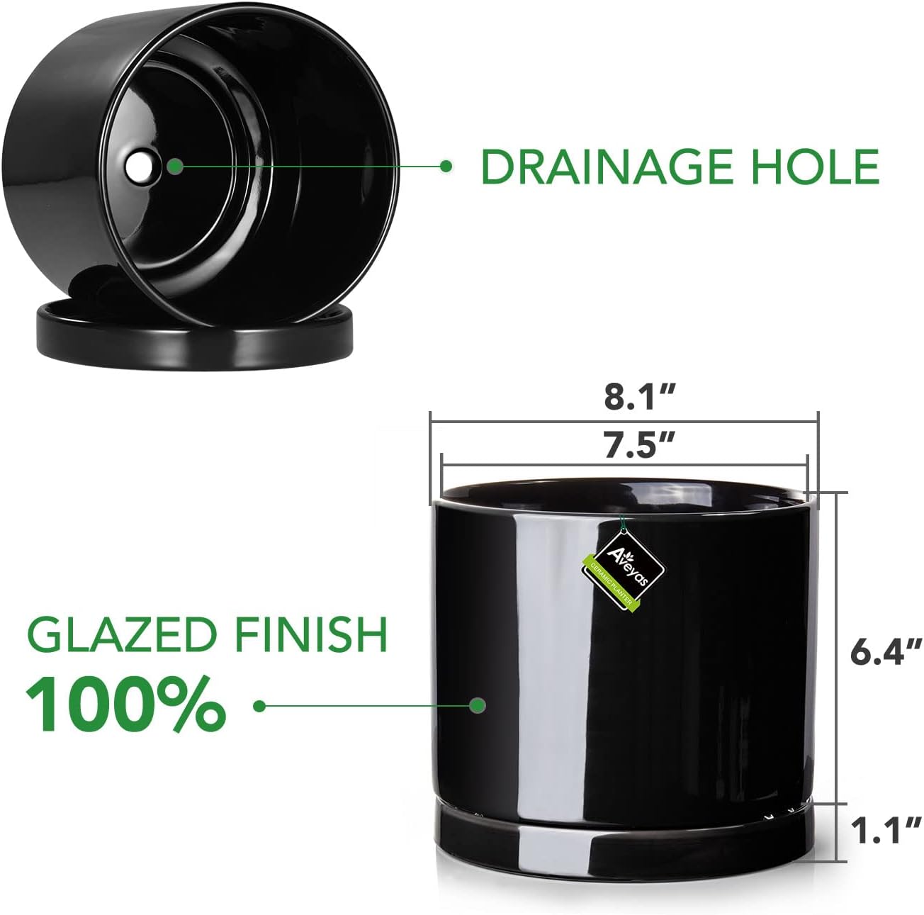 Aveyas 8 inch Ceramic Plant Pot with Drainage Hole and Saucer - Suitable for Indoor and Outdoor Use, Modern Planters for House Garden Flower Tree Snake Monstera Plants (8", Glossy Black)