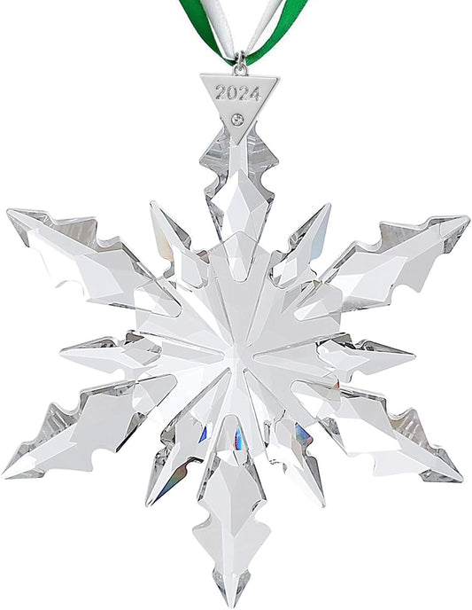 2024 Annual Christmas Ornaments Snowflake Star Clear White Faceted Crystal with Tone Metal Accents and Rayon Ribbon-New Year Christmas Tree Ornaments Crystal Sun Catcher Home Hanging Decor