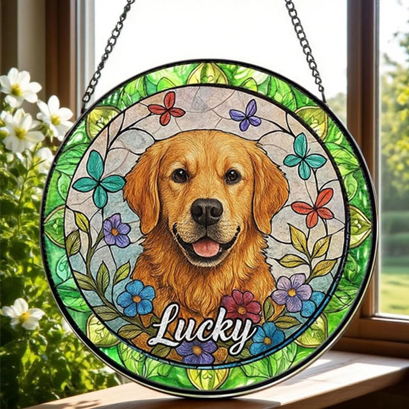 Custom Dog Suncatcher with Pet Name, Personalized Stained Glass Window Hanging Art, Unique Memorial Gift for Dog Lovers, Pet Remembrance Keepsake, Decorative Home Window Ornament