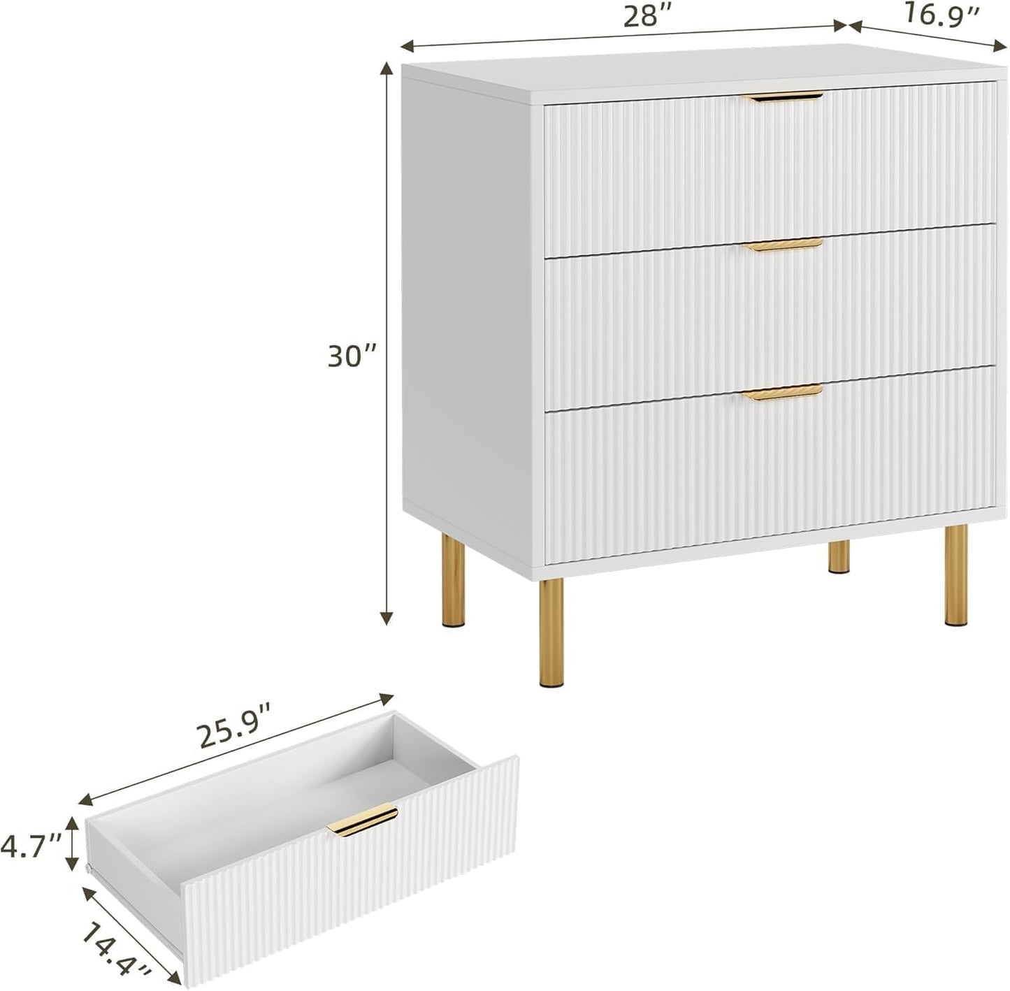 GAOMON 3 Drawer Dresser, Wood Chest of Drawers Organizer Storage with Gold Handle, Small Storage Cabinet, Modern Design Dresser for Bedroom, Living Room, Closet, Hallway, Entryway, White