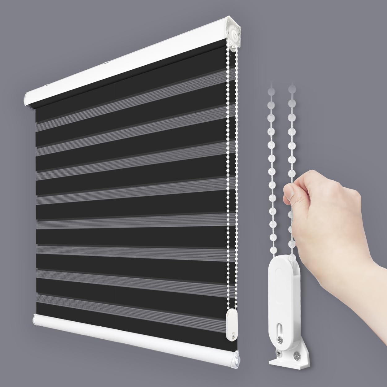 Foiresoft Standard Custom Zebra Roller Blinds for Windows [W10–105 x H10–115 Inch, Black, Basic], Light Filtering Dual Layer Shades for Bedroom, Living Room, Office, 13 Colors