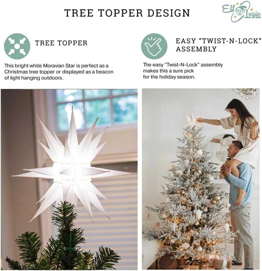 Elf Logic 12" Bright White LED Moravian Star Tree Topper - Hanging Outdoor/Indoor Christmas Tree Star Topper Light - Use as Holiday Decoration, Porch Light, Wedding and Ballroom Venue Decor
