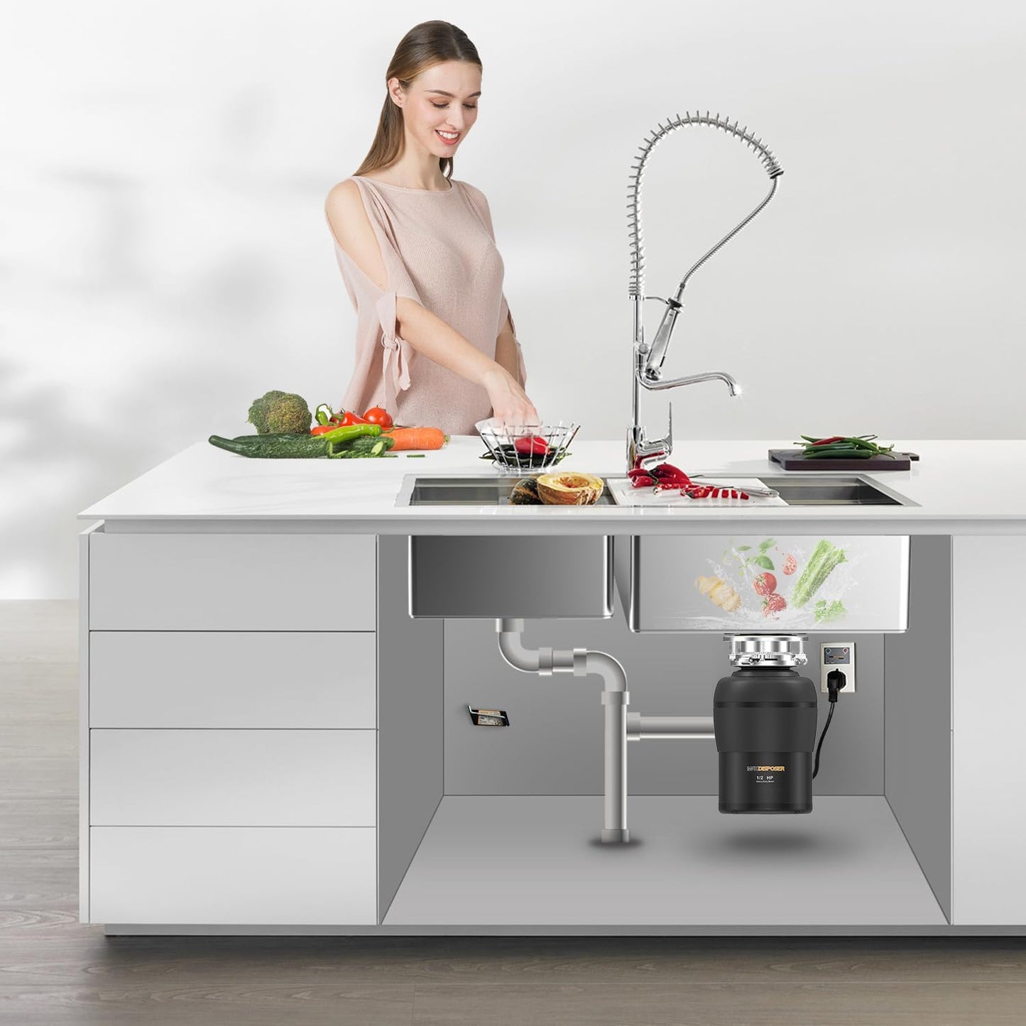 Garbage Disposal 1/2 HP Easy install Quiet with Stopper Power Cord, Kitchen sink Food Waste Disposer Continuous Feed, Stainless Steel Grind Half Horsepower AC Motor Unit (MAX-3)