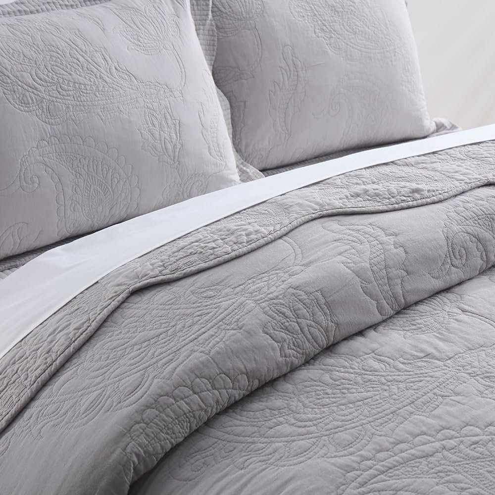 Cotton Bedspread Quilt Sets, Real Patchwork Bedding Sets with Luxury Floral Paisley Pattern, 3 Pieces Reversible Soft Lightweight Coverlet for All Season, Grey, Queen Size