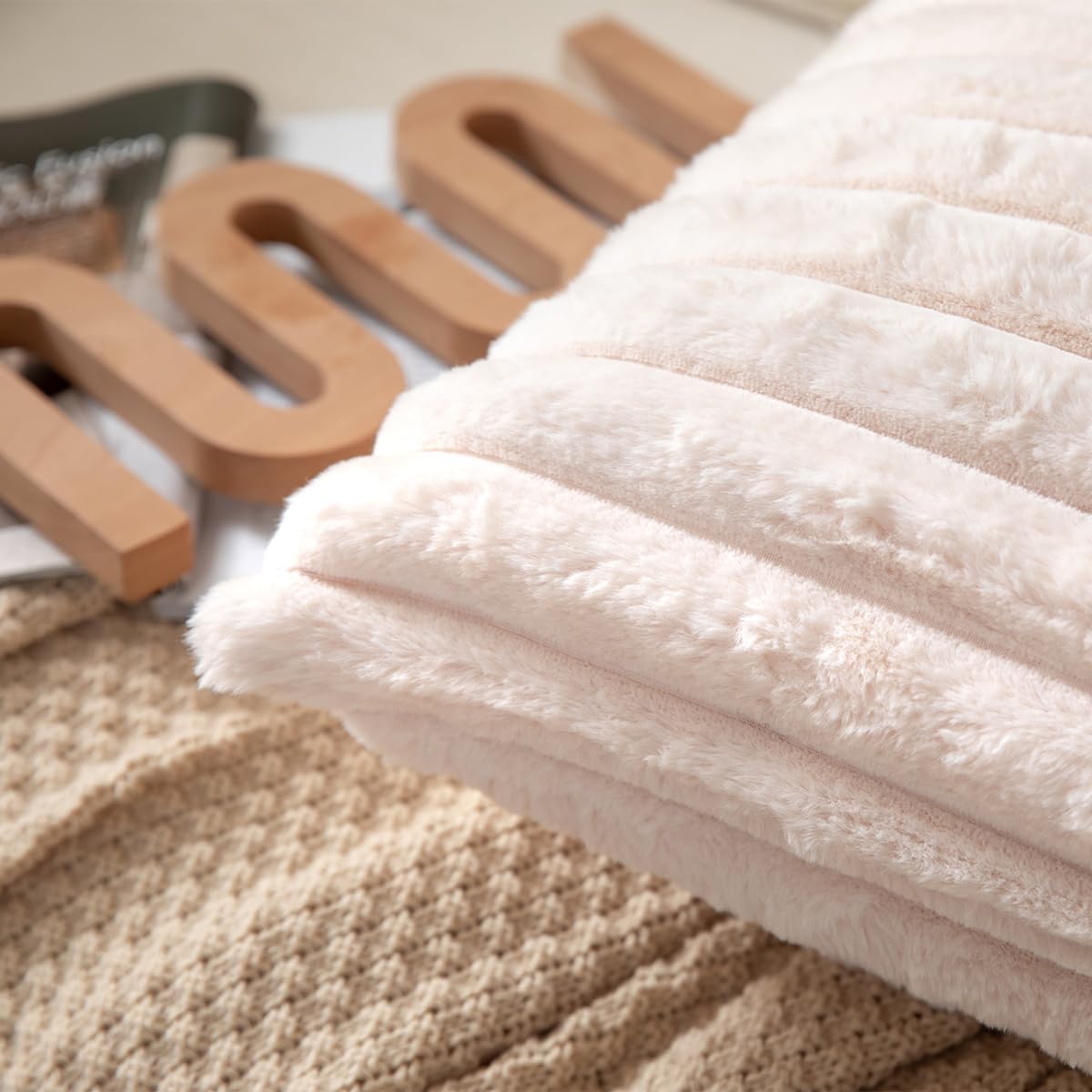 DEELAND Pack of 2,Double-Sided Faux Fur Plush Decorative Throw Pillow Covers Fuzzy Striped Soft Pillowcase Cushion Covers for Sofa Couch Bedroom Beige 26x26 inch