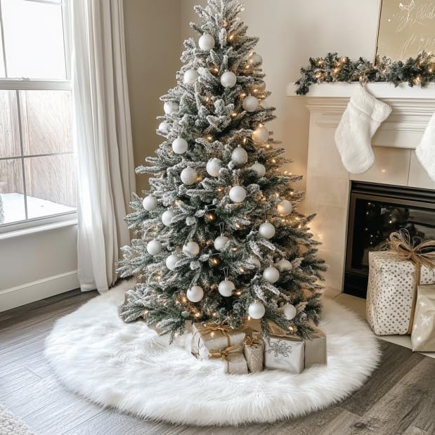 AISENO 24 Inch White Faux Fur Christmas Tree Skirt, Luxury Plush Tree Base Cover for Holiday Party and Home Christmas Decor