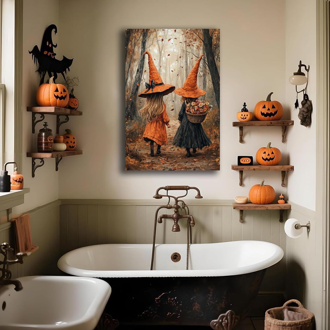 Fall Wall Art Witch Picture Decor,Little Girl Witch Halloween Wall Art, Vintage Autumn Whimsical Woodland Forest Picture, Family Room Nursery Playroom Children Room Decoration,20"x30" Unframed