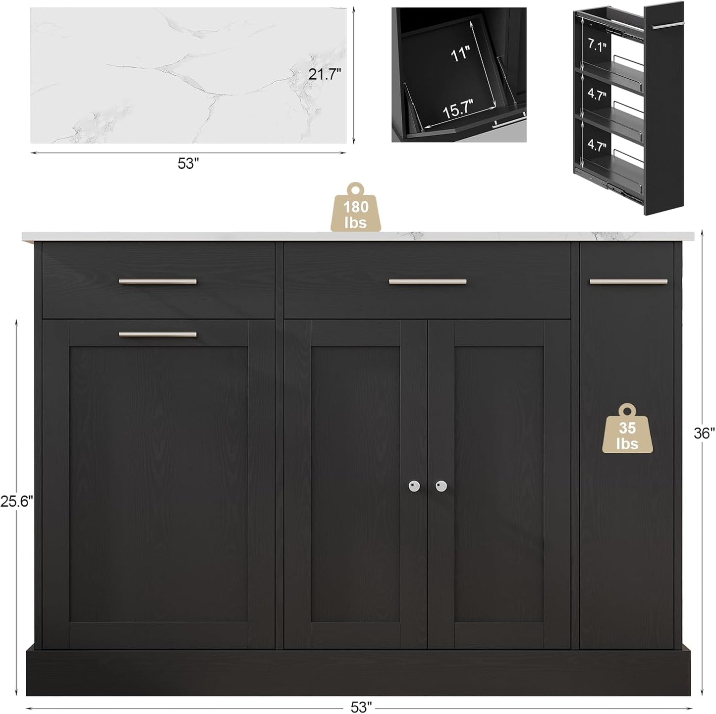 4 EVER WINNER Kitchen Island on Wheels with Storage, Rolling Kitchen Island Cart with Trash Can Cabinet, Kitchen Island Table with Spice Rack & Towel Rack, Black