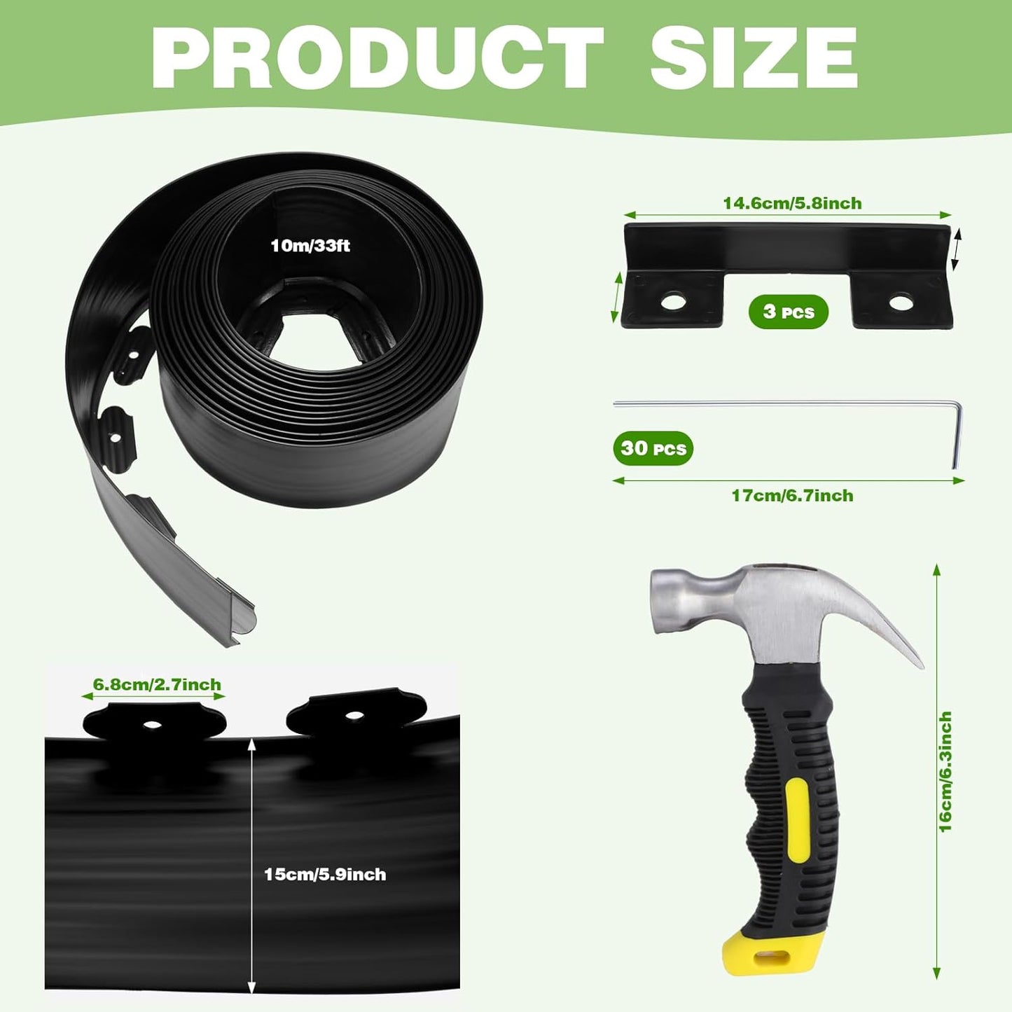 6 Inch Tall 33 ft Length No Dig Landscape Plastic Edging Kit with Hammer Spikes Plastic Garden Flower Bed Edging Landscape Edging Border for Gardens Border Lawn Grass Yard(Black)