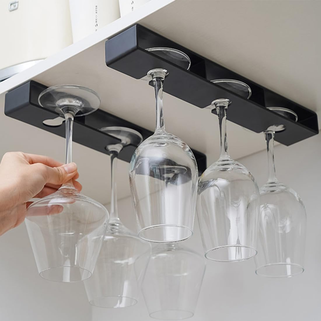 4Pack Wine Glass Holder Under Cabinet Shelf,Plastic Wine Glass Rack Stemware Drying Storage Hanger for Kitchen,Bar and Restaurant(Black)