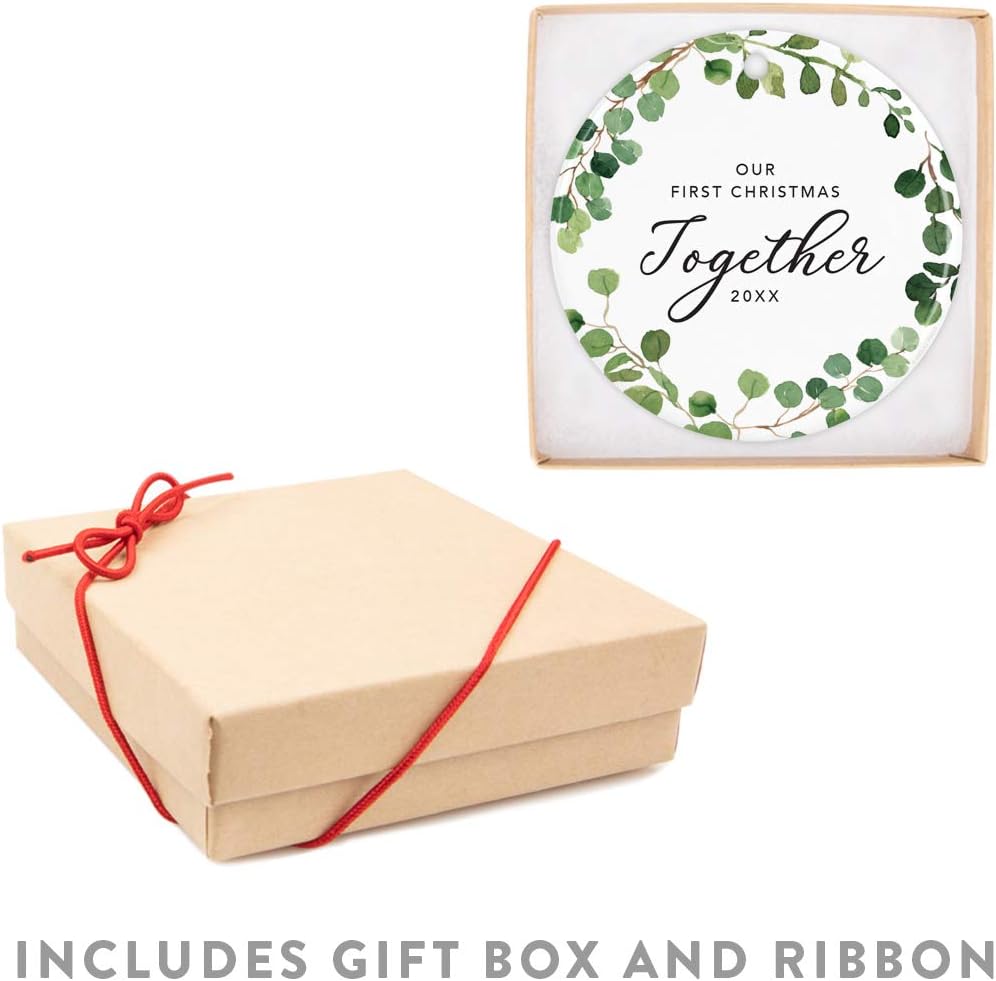 Andaz Press Custom Year Round Ceramic Porcelain Christmas Tree Ornament Keepsake Collectible Gift, Our First Christmas Together 2025, Farmhouse Eucalyptus Wreath, 1-Pack