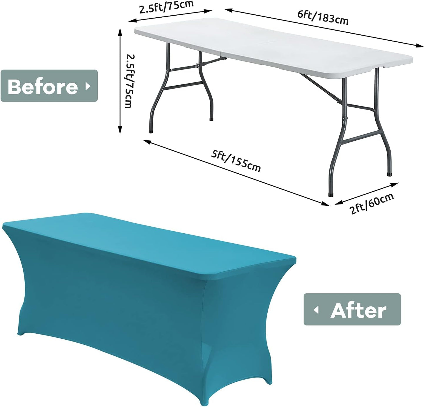 CWK 6FT Waterproof Stretch Spandex Table Cover for Rectangular Tables - Elastic Fitted Tablecloth for Folding Tables,Wrinkle Resistant Table Cloth for Parties, Weddings, Banquets & Events (Teal)