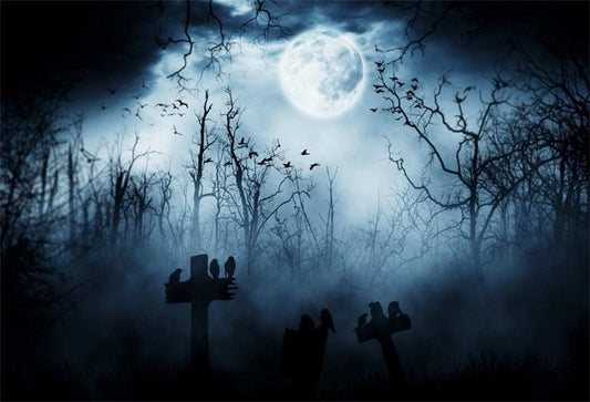 AOFOTO 5x3ft Moon Night Halloween Cemetery Photography Backdrop Flying Bats Birds Stand on Gravestone Cross Graveyard in Dark Forest Photo Background Cloth Vinyl Wallpaper Photo Studio Props