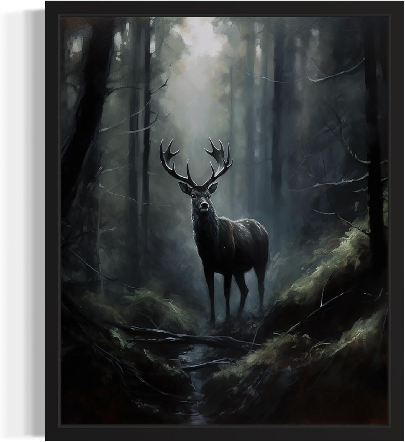 Deer in Forest Poster Art Print, Halloween Scary Vintage Wall Art Academia Spooky Painting Decoration for Horror Prints, Gothic Posters Bedroom Decor 89 (Deer in Forest, 8 x 10 inches, Black Frame)