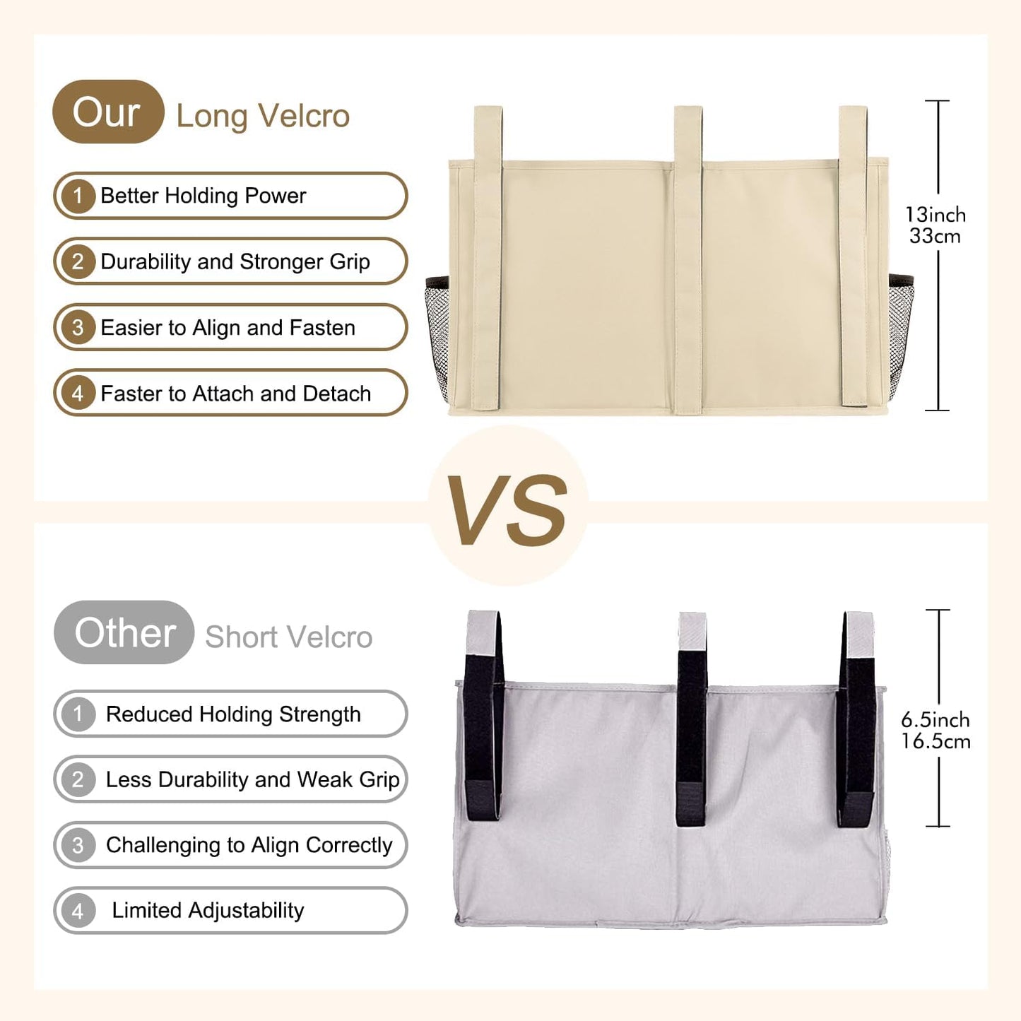 Surblue Bedside Caddy Hanging Organizer Storage Bag Pocket for Bunk, Hospital, College Dorm Rooms, Baby Bed Rails, Camp - 8 Pockets, Large, Beige