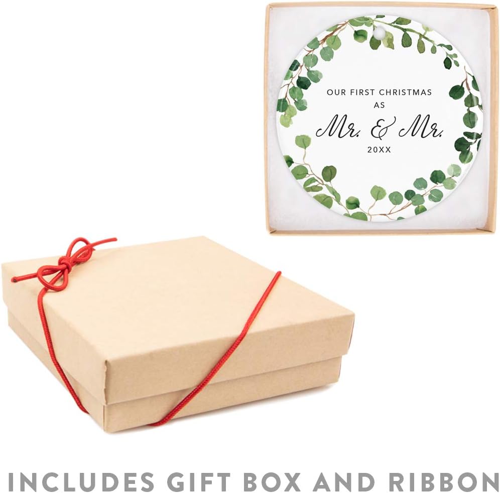 Andaz Press Custom Year Round Ceramic Porcelain Christmas Tree Ornament Keepsake Collectible Gift, Our First Christmas as Mr. & Mr. 2025, Farmhouse Eucalyptus Wreath, 1-PackGay Couple