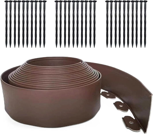 33FT Landscape Edging, 4 in Tall Garden Edging Borders,Flexible Lawn Edging with 30 Spikes,Plastic Edging Border for Garden, Flower Beds, Pavement-Brown