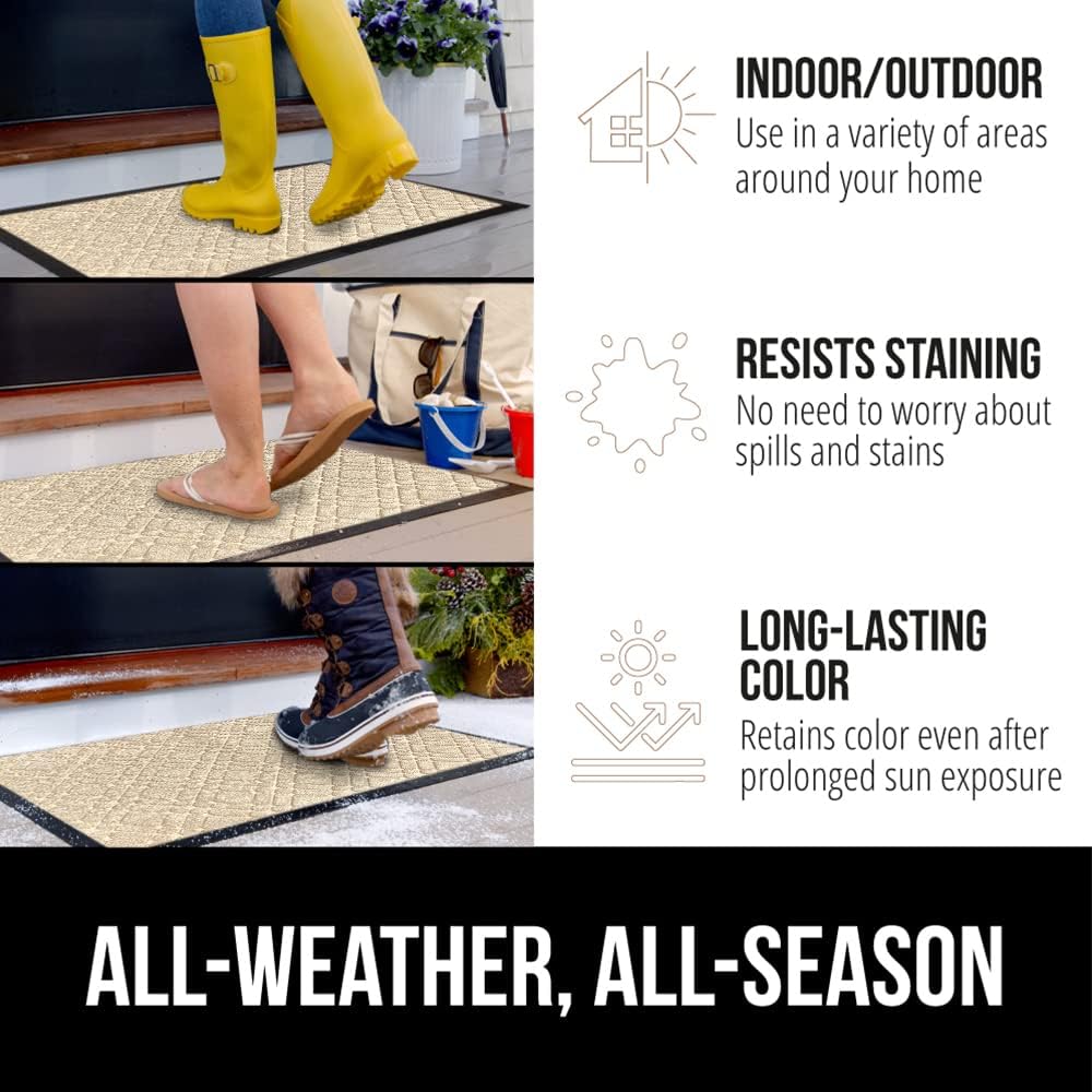 GORILLA GRIP 100% Waterproof All-Season WeatherMax Doormat 35x23, US Designed Natural Rubber, Stain and Fade Resistant, Low Profile Indoor Outdoor Door Mats, Easy Clean Patio Mat, Modern Latte