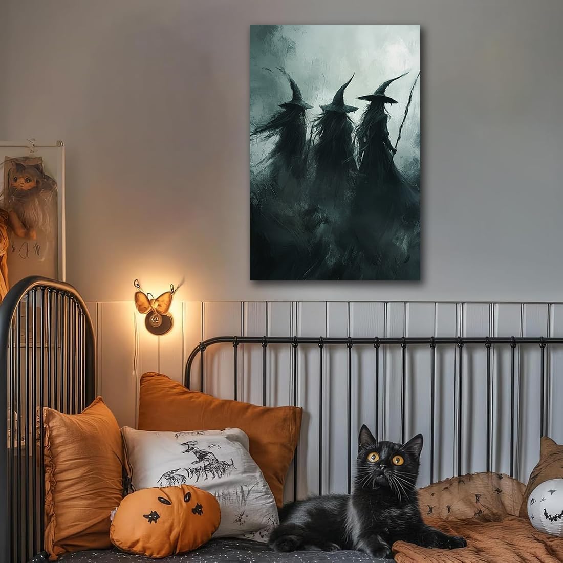 Gothic Witchs Horror Halloween Wall Art,Three Witches in Moody Forest Painting Wall Decor,Autumn Spooky Witches Forest Canvas Printing For Gallery Living Room Bedroom,24"x36" Framed