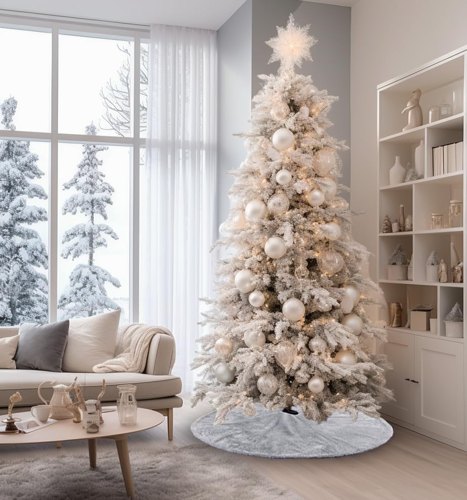 AISENO 36 Inch Christmas Tree Skirt Faux Fur Grey Bright Silk Shiny Decoration for Christmas Tree Plush Merry Christmas Decorations Decor