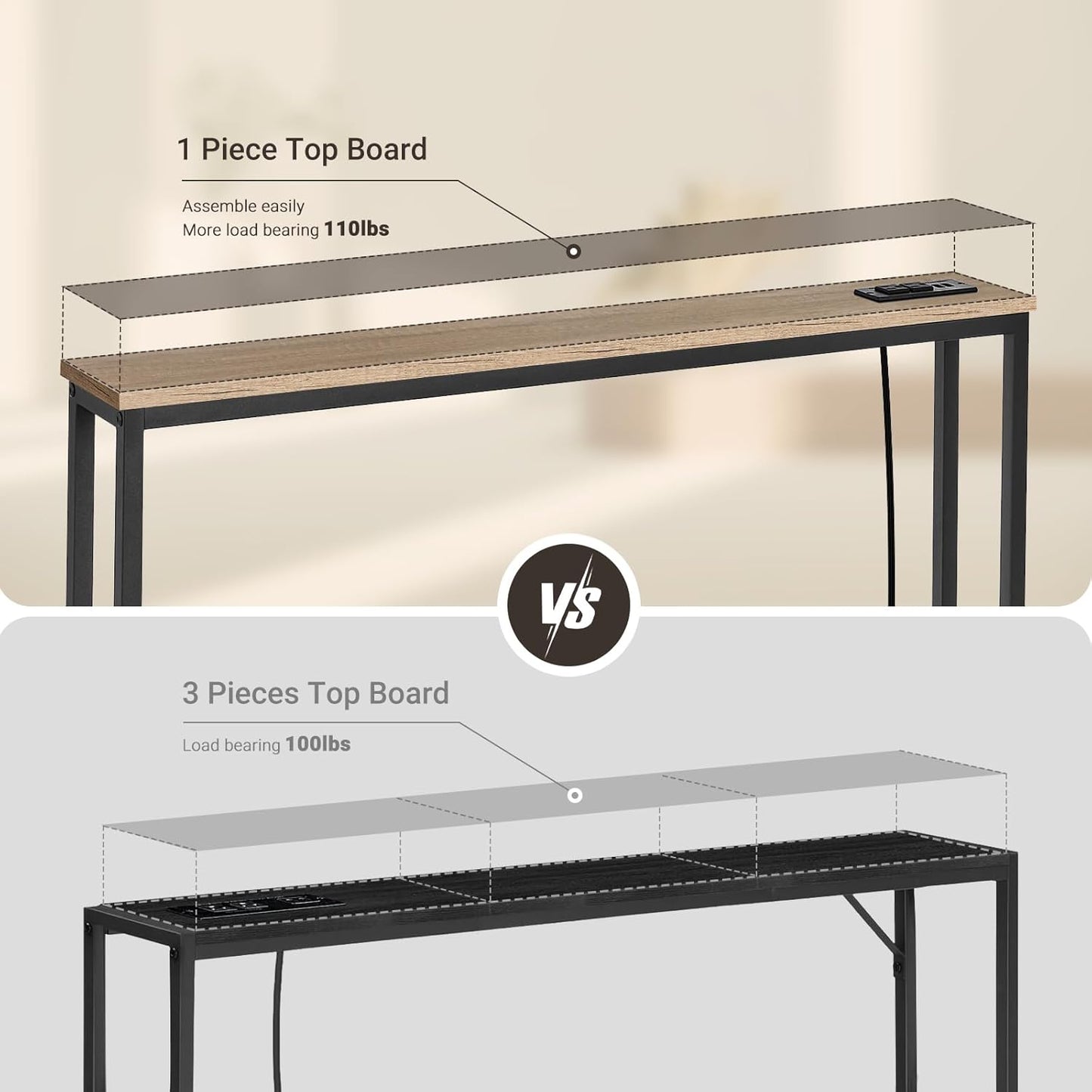 ELYKEN 2 Pack 5.9" Narrow Console Sofa Table with Power Outlets, 5.9" Dx39.4 Wx31.1 H Long Couch Table with Metal Frame and Charge Station with 6.5’ Extension Cord, White Oak