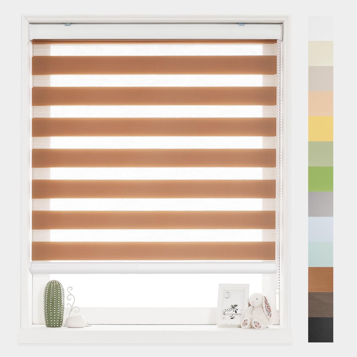 Foiresoft Standard Custom Zebra Roller Blinds for Windows [W10–105 x H10–115 Inch, Caramel, Basic], Light Filtering Dual Layer Shades for Bedroom, Living Room, Office, 13 Colors