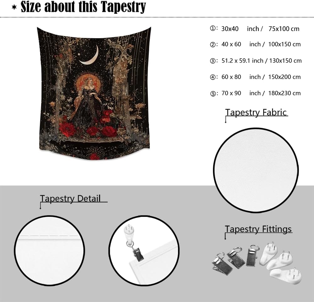 Dark Academia Moon Goddess Tapestry Gothic Fantasy Rose Wall Art Mystical Witchy Woman Print Victorian Artwork Aesthetic Tapestries Wall Hanging for Girls Room Bedroom Decor 40x60inch