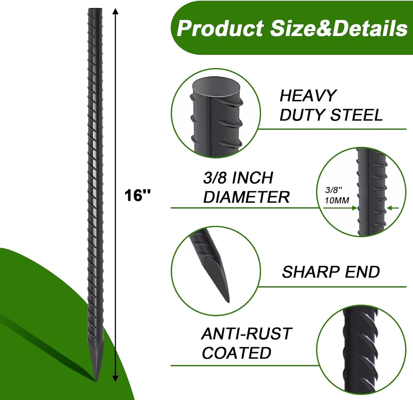 AAGUT 16 Inch Rebar Stakes Heavy Duty 16 Pack 3/8" Diameter Landscape Timber Spikes, Straight Stakes with Chisel Point End, Ground Anchors for Camping Tent, Garden Plant Support, Concrete, Black