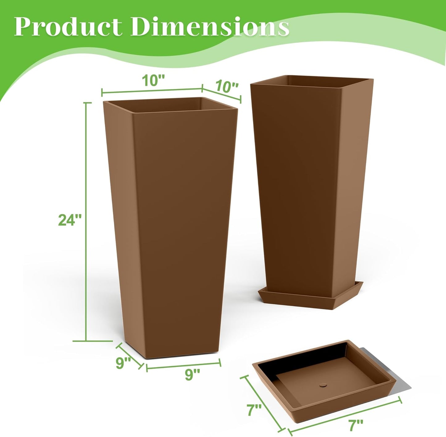 FENCY Set of 2 Tall Planters for Outdoor Plants, 24 Inch Large Tapered Pots with Drainage Trays, Weather-Resistant Plastic Plant Containers for Patio, Porch, Garden, Front Door Decor,Brown