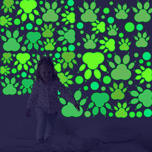 Glow in The Dark Paw Print Stickers, 128 PCS Luminous Colorful Dog Paws Wall Decals for Kids' Bedroom, Nursery, Playroom & Party Room Decor