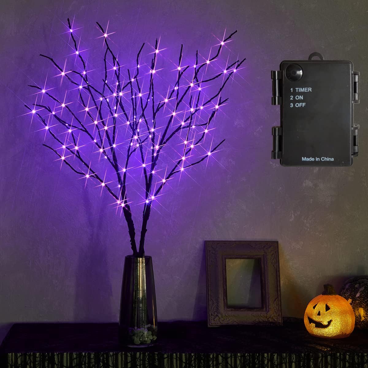 Fudios Halloween Lighted Branches with Timer 100 LED Purple Fairy Lights 32IN, Artificial Black Branch Lights for Halloween Battery Operated Home Decor Indoor Outdoor Use