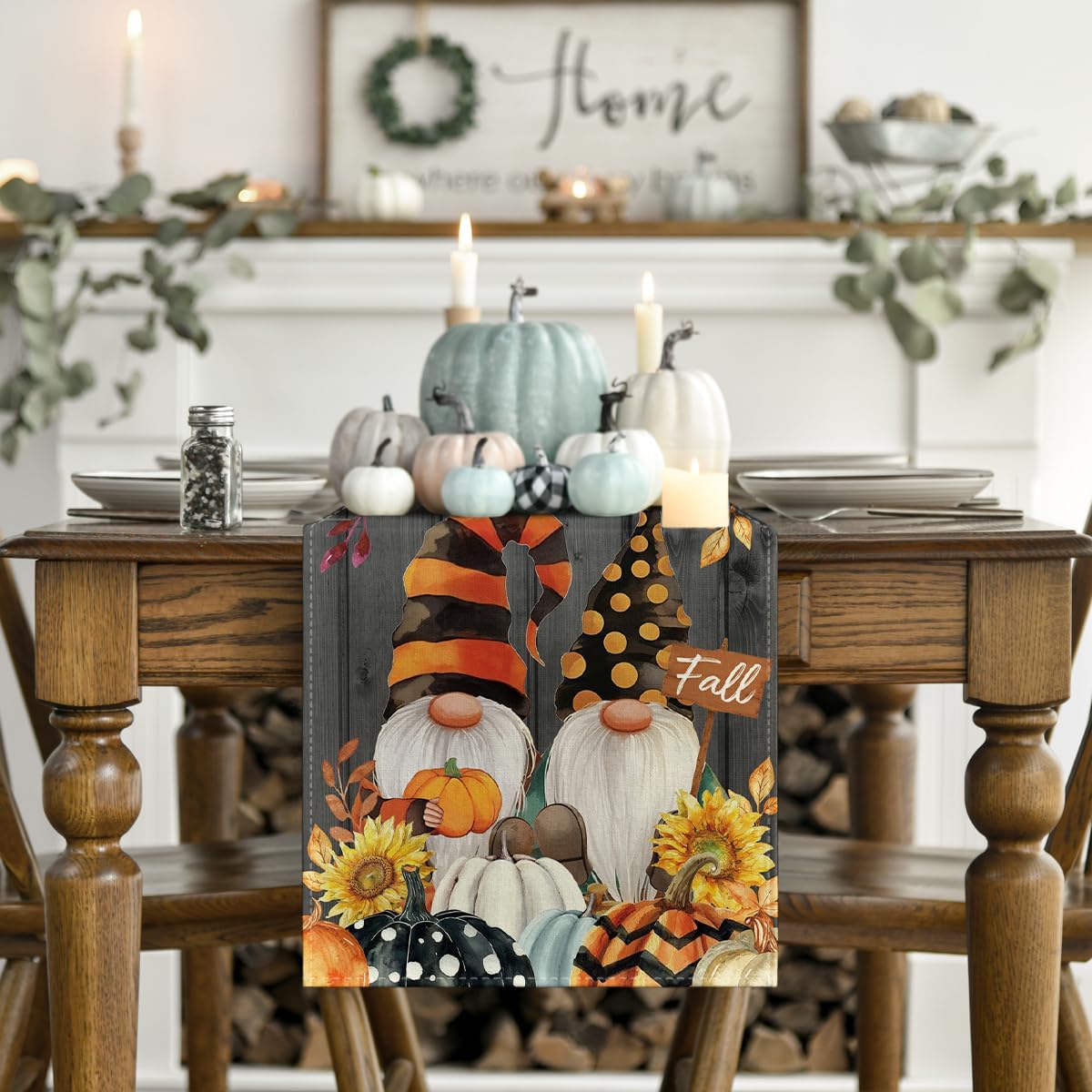 Artoid Mode Gnomes Pumpkins Sunflower Leaves Fall Table Runner, Seasonal Autumn Kitchen Dining Table Decoration for Home Party Decor 13x60 Inch