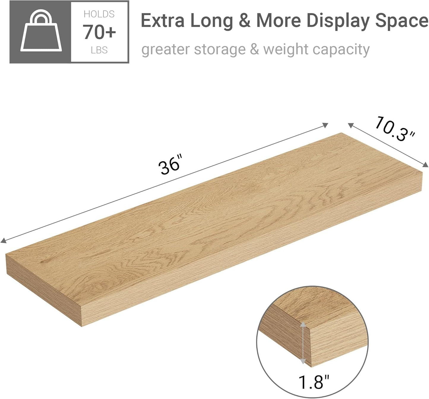 10 inches Deep Floating Shelves 36 inch Long, Large Oak Wall Shelves Heavy Duty 70 lbs for Bedroom, Bathroom, Living Room, Kitchen, Office, Modern Shelf Home Decor with Invisible Bracket